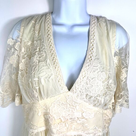 Baltic Born Cream Floral Mesh Lace Midi Maxi  Dress V-Neck Boho Wedding Guest XL - Picture 8 of 16